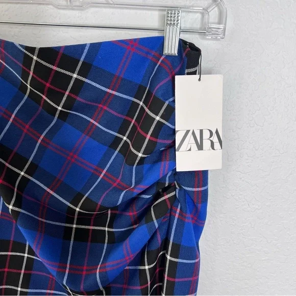 Zara Skirt Midi Women Medium Tartan Plaid Check Side Slit Ruched Blue Pencil Q - Picture 3 of 11
